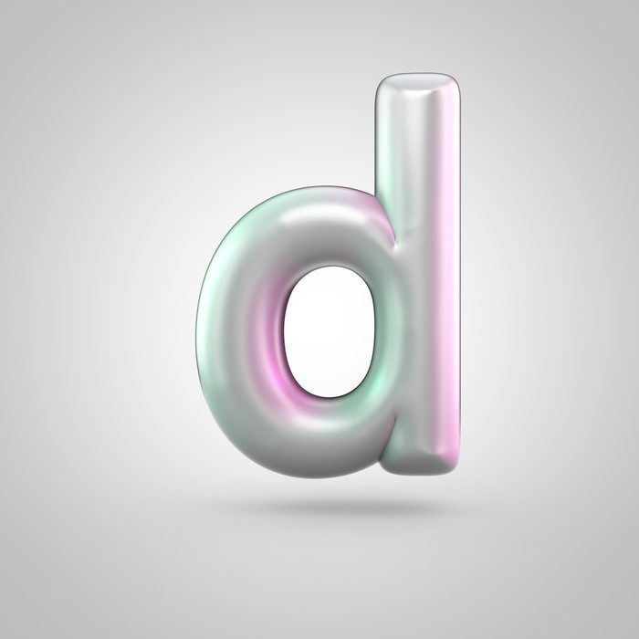 Glossy pearl letter D uppercase. 3D render of bubble font with green with pink light reflections isolated on white background.